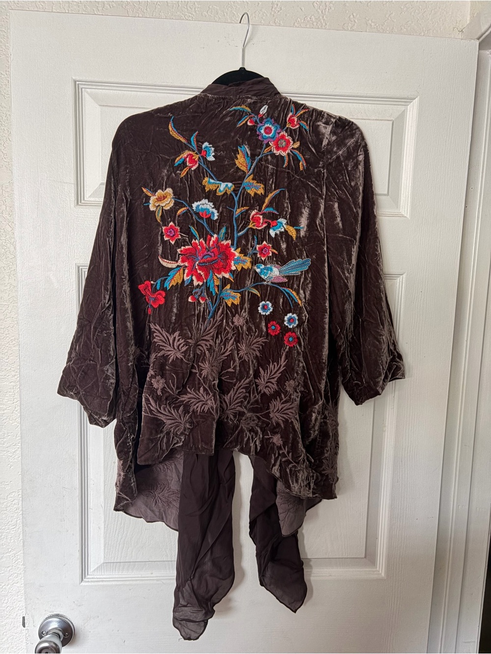 JOHNNY WAS LA Silk Blend Brown Embroidered Velvet Kimono Cardigan